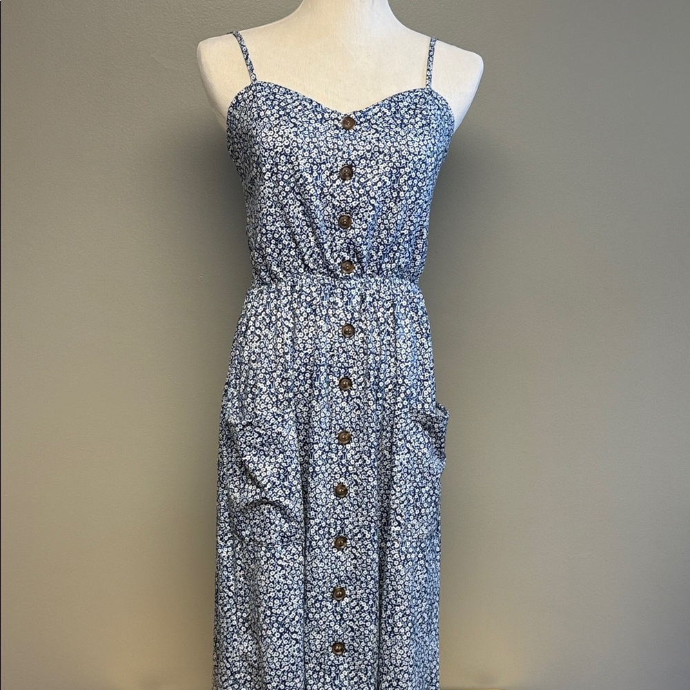 Angashion Floral Midi Dress Size L Blue Button Front Sleeveless - Picture 2 of 7